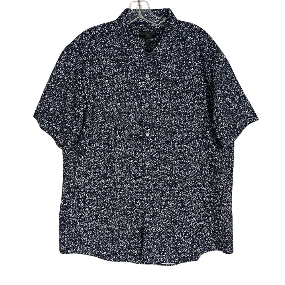Magaschoni Man Shirt Mens XL/TG Blue Floral‎ Short Sleeve Stretch Button Front